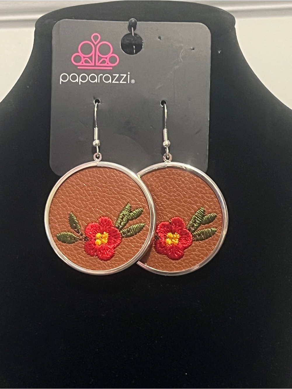 Paparazzi Red Floral Brown Leather Disc Drop Earrings